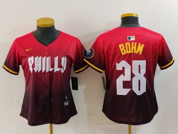 Women Philadelphia Phillies #28 Alec Bohm Red 2024 City Connect Limited Stitched Jersey