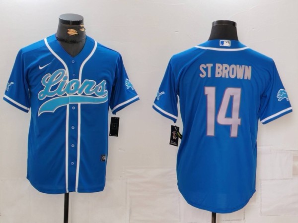 Men's Detroit Lions #14 Amon-Ra St. Brown Blue Cool Base Stitched Baseball Jersey