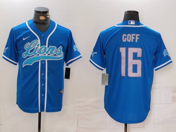 Men's Detroit Lions #16 Jared Goff Blue Cool Base Stitched Baseball Jersey