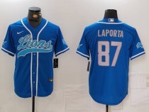 Men's Detroit Lions #87 Laporta Blue Cool Base Stitched Baseball Jersey