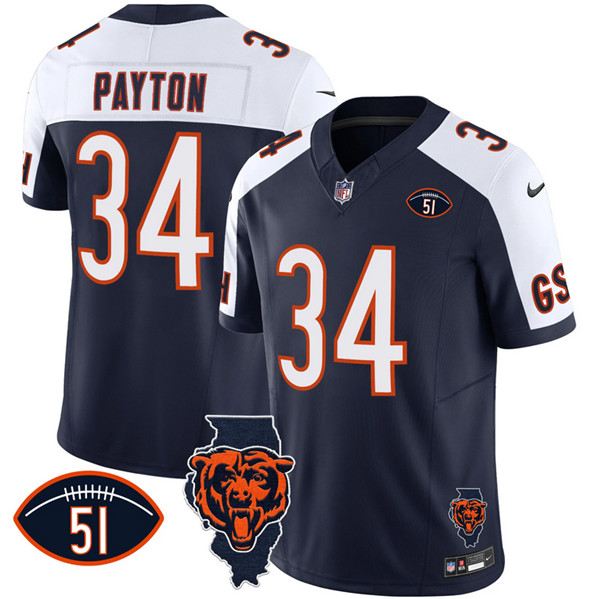 Men's Chicago Bears #34 Walter Payton White/Navy F.U.S.E. With Illinois and No. 51 Patch Jersey