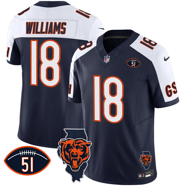 Men's Chicago Bears #18 Caleb Williams White/Navy F.U.S.E. With Illinois and No. 51 Patch Jersey