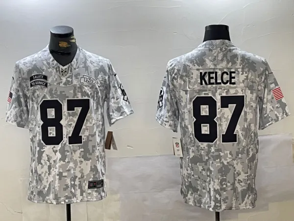 Men's Kansas City Chiefs #87 Travis Kelce Arctic Camo 2024 F.U.S.E. Salute to Service Jersey