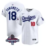 Men's Los Angeles Dodgers #18 Yoshinobu Yamamoto White 2024 World Series Champions Jersey