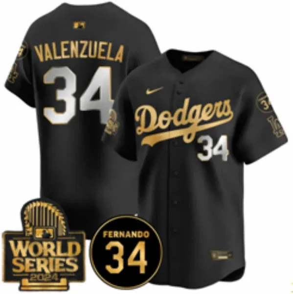 Men's Los Angeles Dodgers #34 Toro Valenzuela Black/Gold 2024 World Series and 24 patch Jersey