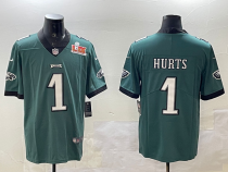 Men's Philadelphia Eagles #1 Jalen Hurts Green 2025 Super Bowl LIX Patch Fashion Vapor Jersey