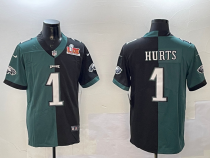Men's Philadelphia Eagles #1 Jalen Hurts Green & Black Split 2025 Super Bowl LIX Patch Jersey