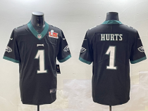 Men's Philadelphia Eagles #1 Jalen Hurts Black 2025 Super Bowl LIX Patch Fashion Vapor Jersey