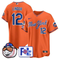 Men's New York Mets #12 Francisco Lindor Orange 2025 Spring Training Stitched Jersey