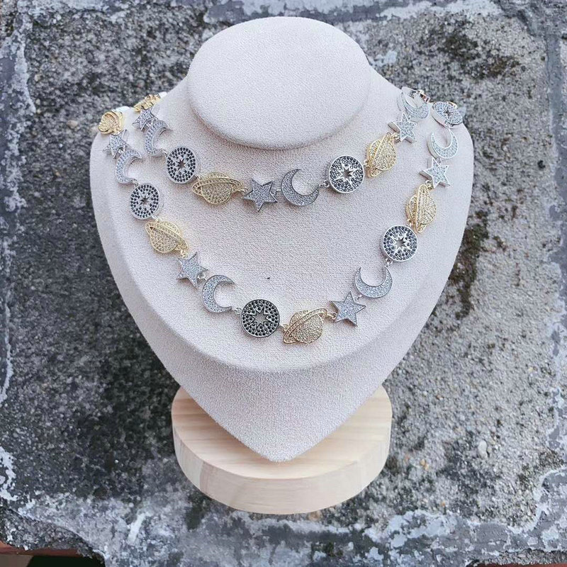 brass plating zircon star moon and planet charms necklace