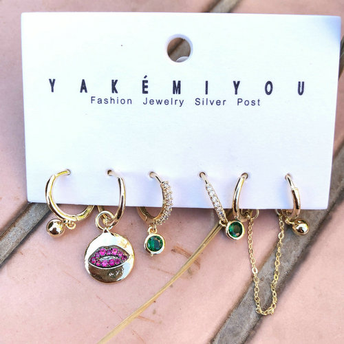 6 Pairs Set Ear Piercing Hoop Earring With Mini Charms