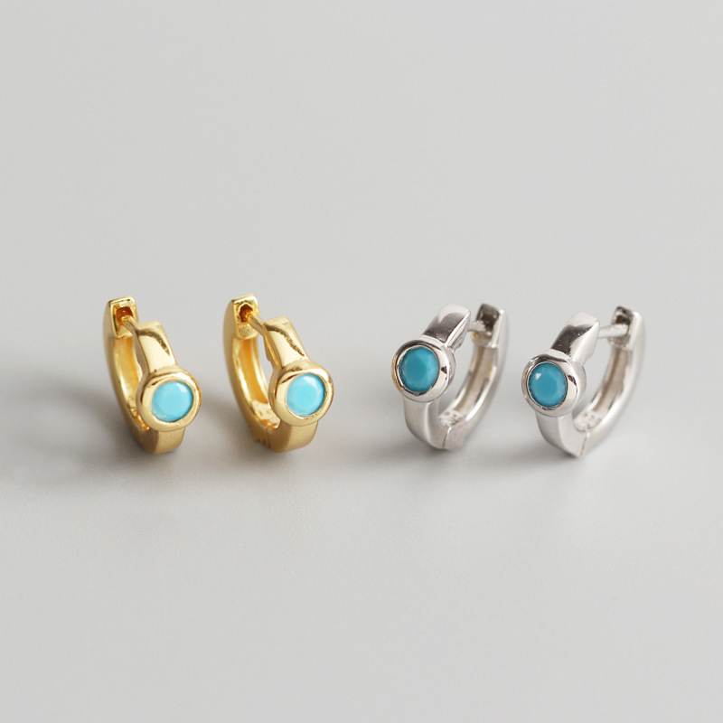 INS Ear Clip Pave Blue Stone Of Turkey S925 Silver Earrings