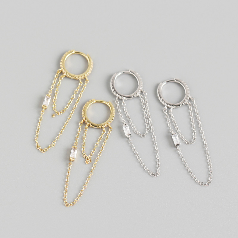 INS Tassel Chain Pave cz S925 Silver Earrings