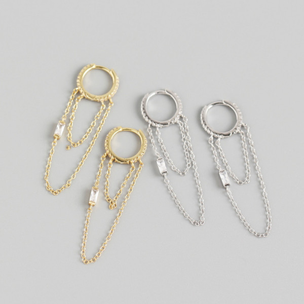 INS Tassel Chain Pave cz S925 Silver Earrings