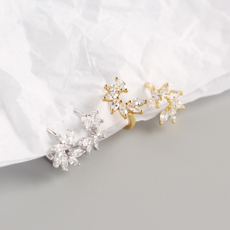 INS Horse Eye White Stone Flower Ear Clip Pave cz S925 Silver Earrings