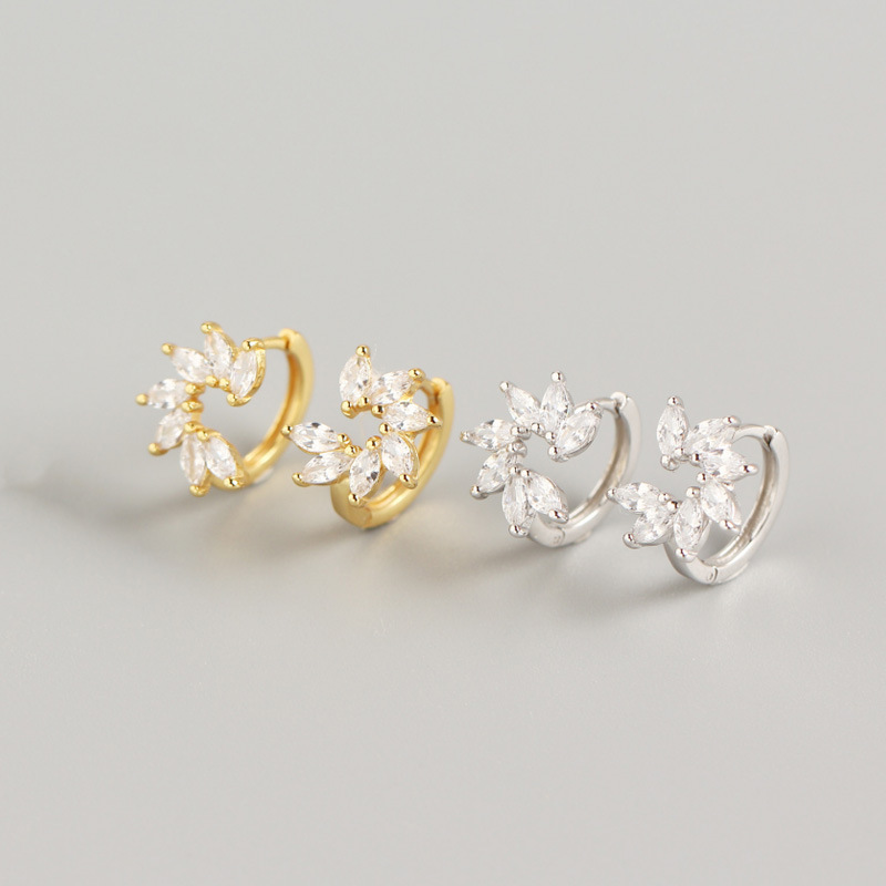 INS Horse Eye White Stone Flower Ear Clip Pave cz S925 Silver Earrings
