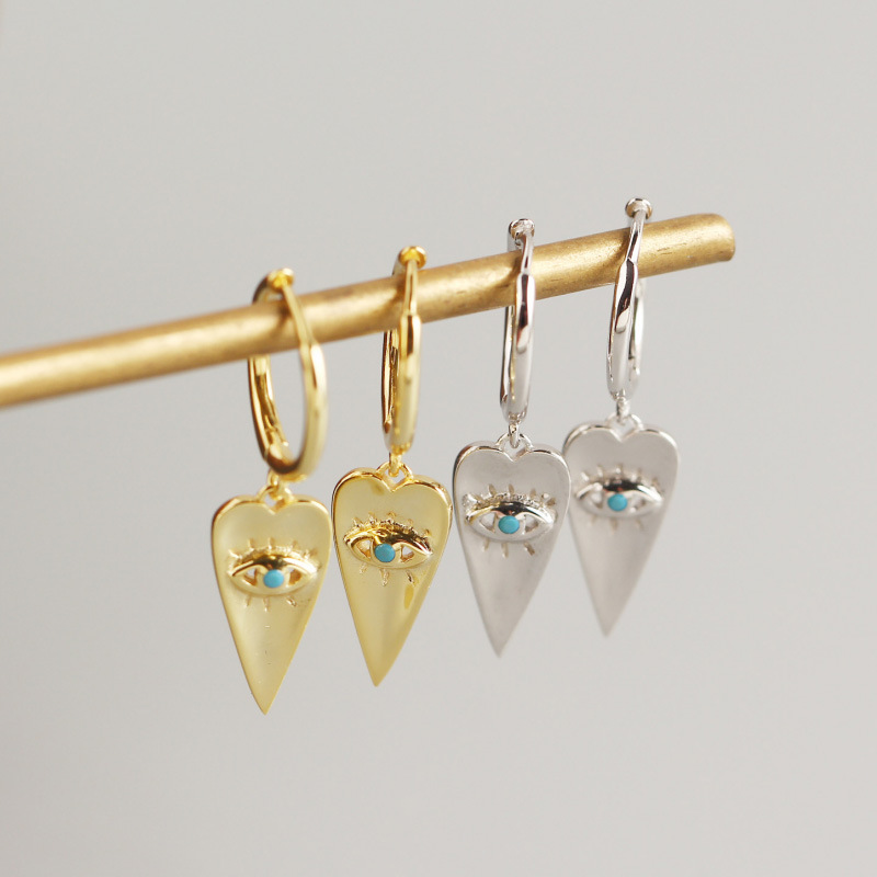 INS Heart Devil Eye Turquoise Blue Ear Clip S925 Silver Earrings