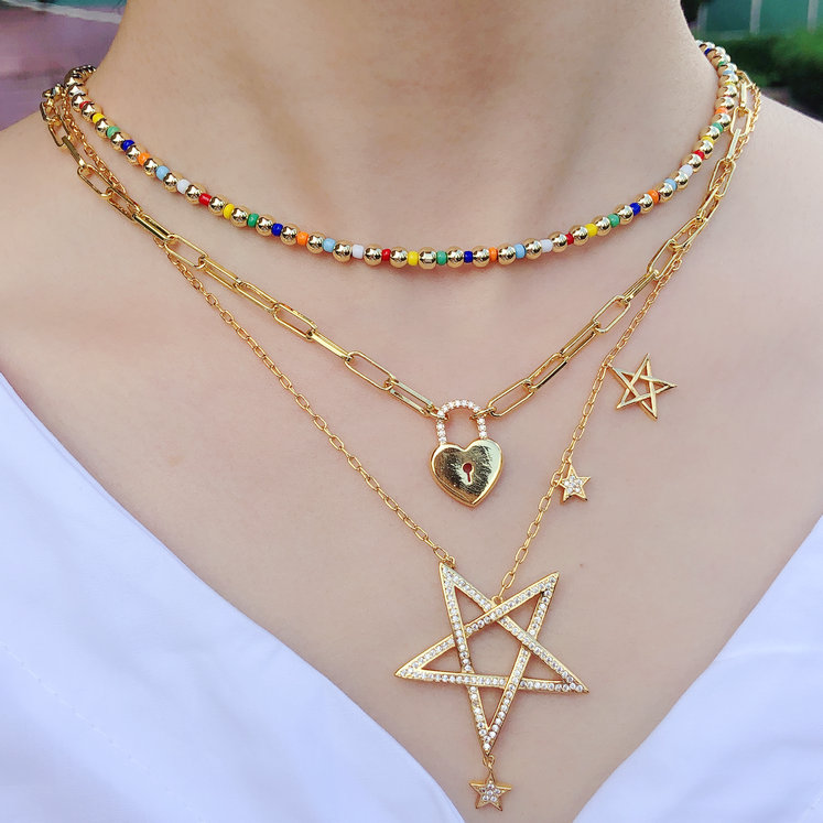 Colorful beaded brass ball necklace 16inch , star charm necklace , heart locker charm pendant .