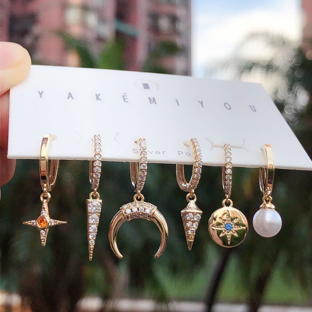 6 Pairs Set Moon Hoop Earring