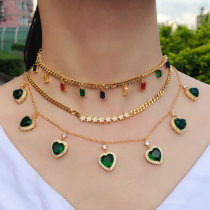 Square zircon colorful flat chain necklace , pave zircon star flat necklace , green heart charm pendant neckalce