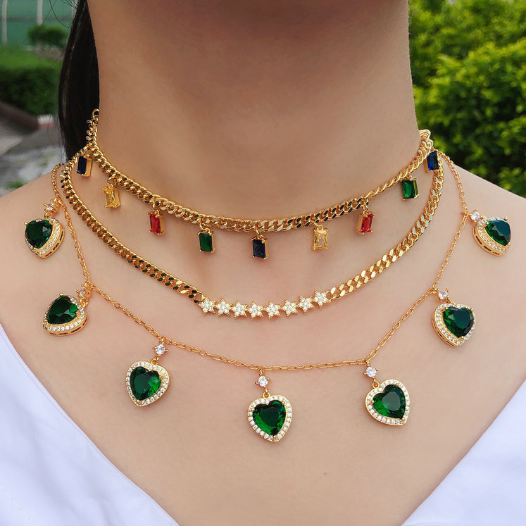 Square zircon colorful flat chain necklace , pave zircon star flat necklace , green heart charm pendant neckalce