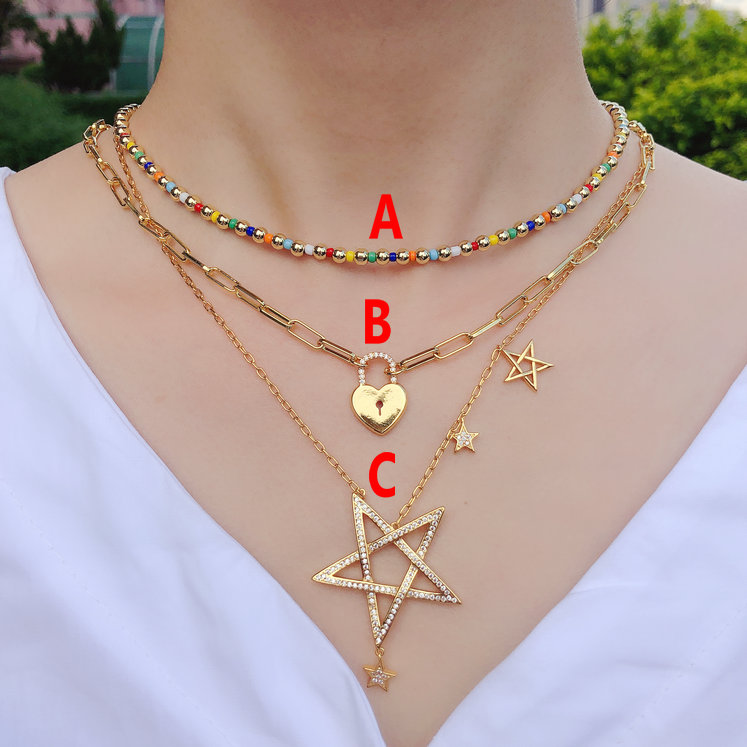 Colorful beaded brass ball necklace 16inch , star charm necklace , heart locker charm pendant .
