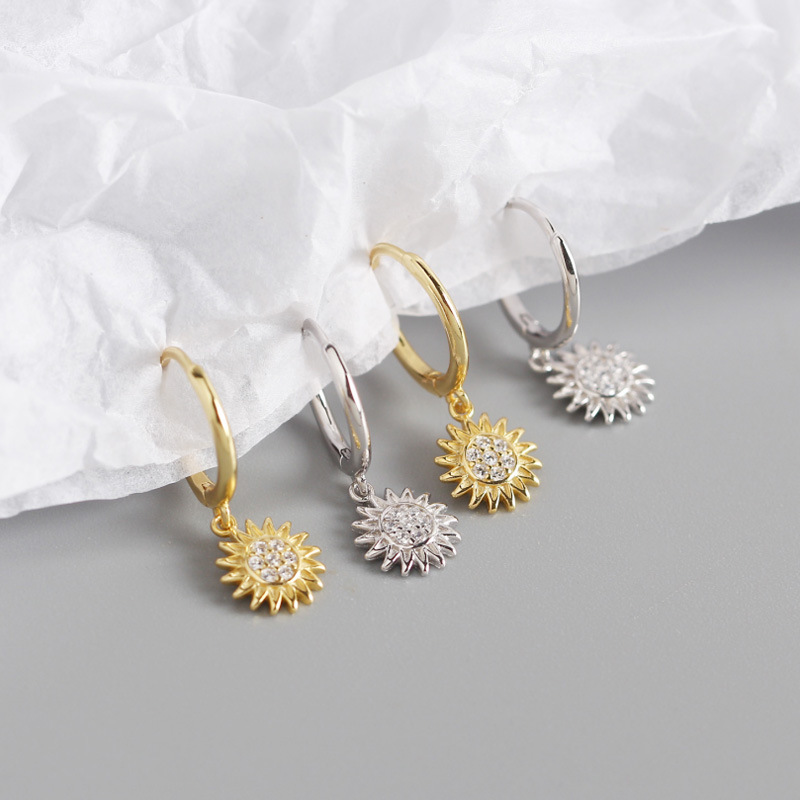 INS Sunflower Pave cz Ear Clip S925 Silver Earrings