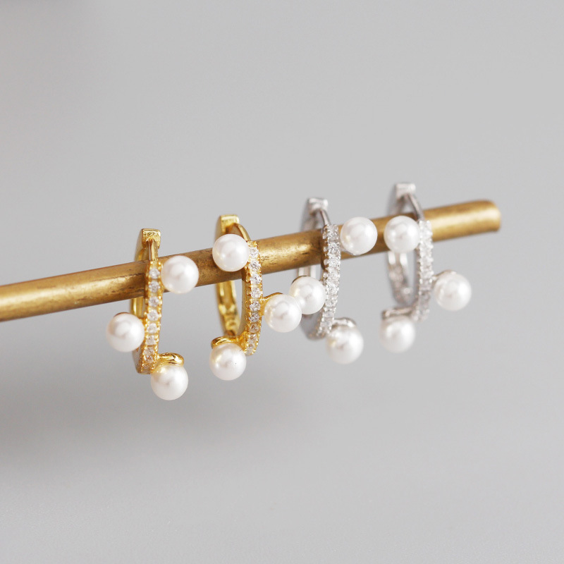 INS Simple Pearl Charm Ear Clip Pave cz S925 Silver Earrings