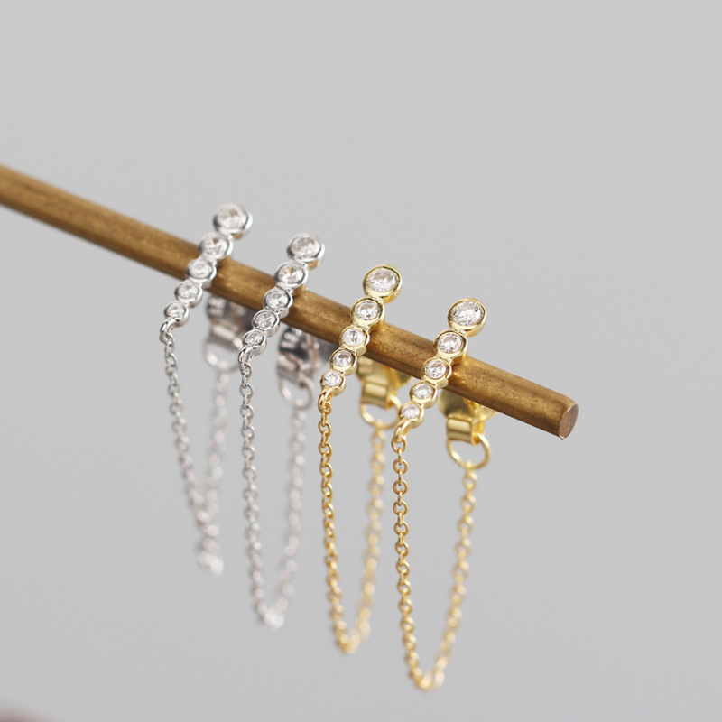 INS Geometric A Row Of Tassel Ear Clip Pave cz S925 Silver Earrings