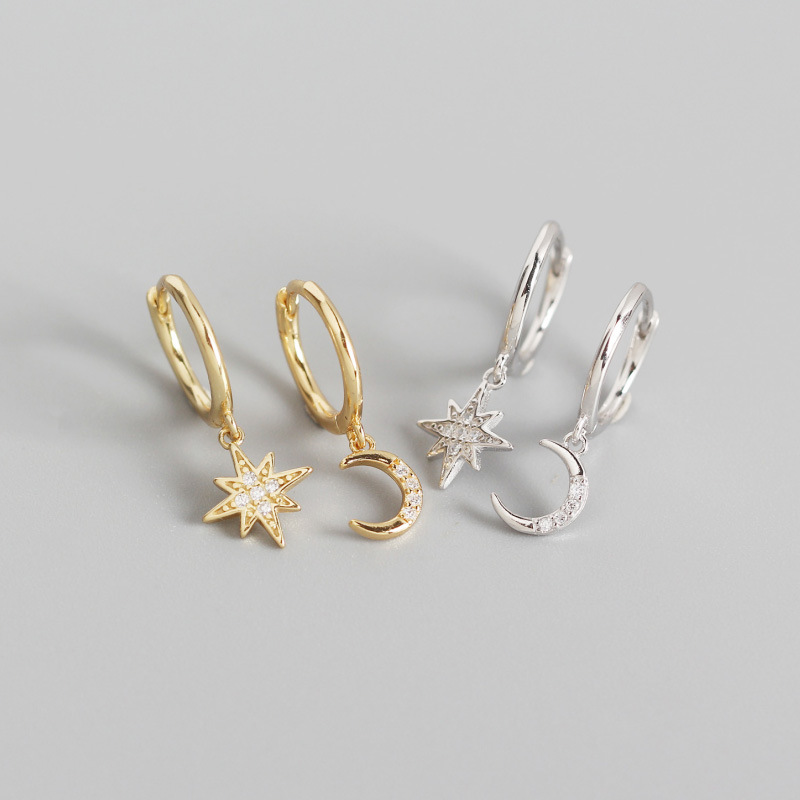 INS Geometric Star And Moon Ear Clip Pave cz S925 Silver Earrings