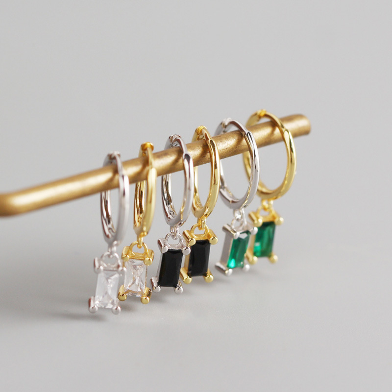 INS Geometric Rectangle White/Black/Green Stone Ear Clip S925 Silver Earrings