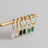INS Geometric Rectangle White/Black/Green Stone Ear Clip S925 Silver Earrings
