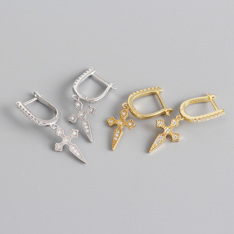 INS Baroque Style Cross Ear Clip Pave cz S925 Silver Earrings
