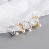 INS Simple Pearl Charm Ear Clip Pave cz S925 Silver Earrings