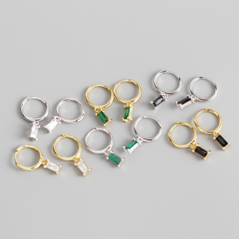 INS Geometric Rectangle White/Black/Green Stone Ear Clip S925 Silver Earrings