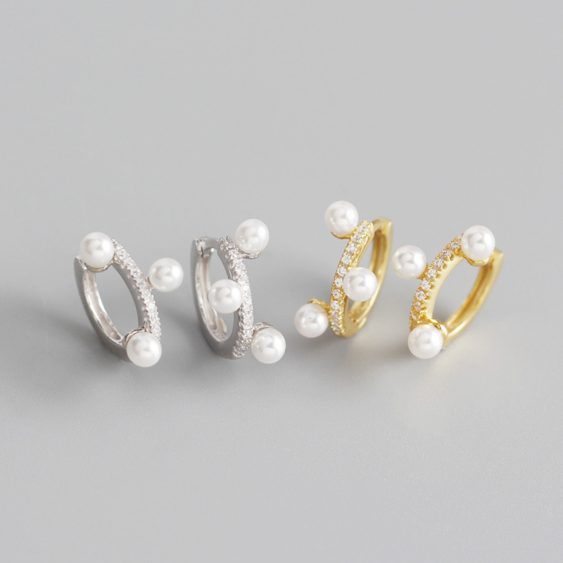 INS Simple Pearl Charm Ear Clip Pave cz S925 Silver Earrings