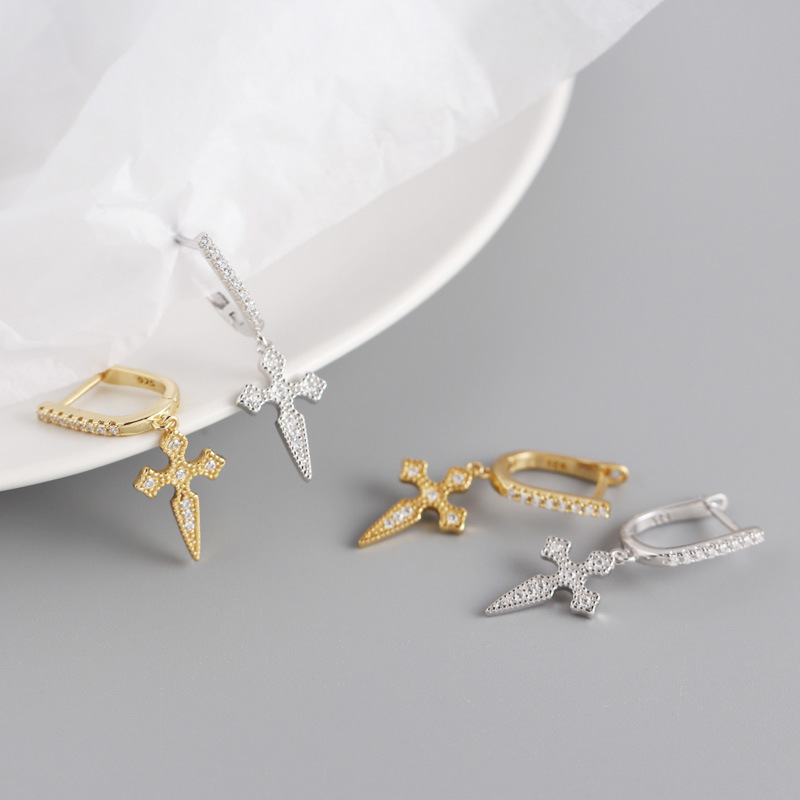 INS Baroque Style Cross Ear Clip Pave cz S925 Silver Earrings