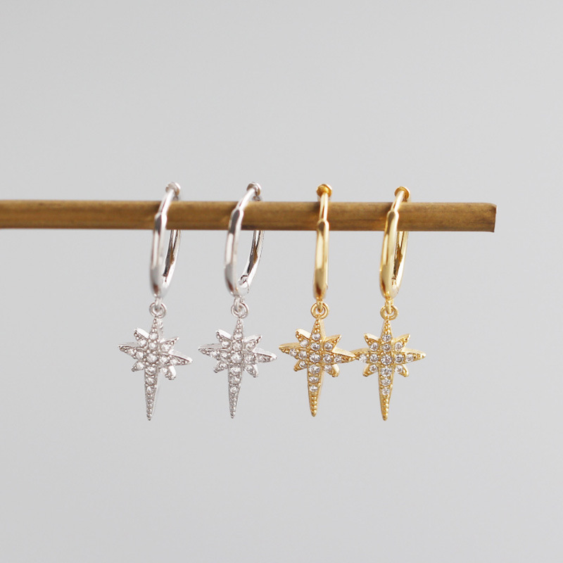 INS Geometric Octagonal Star Ear Clip Pave cz S925 Silver Earrings