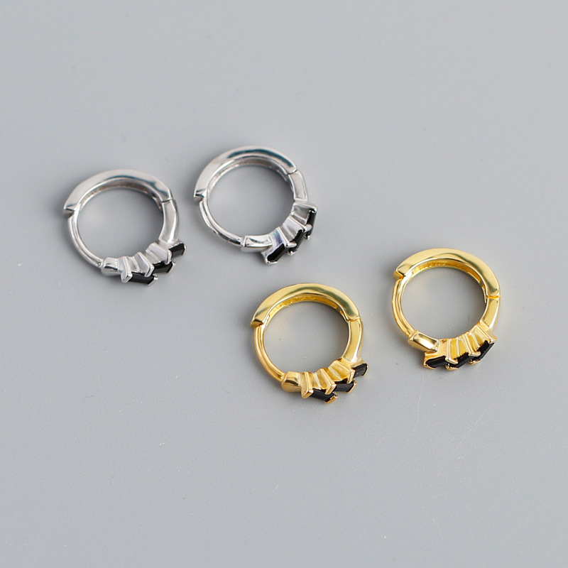 Geometric Rectangle Black Stone Ear Clip S925 Silver Earrings