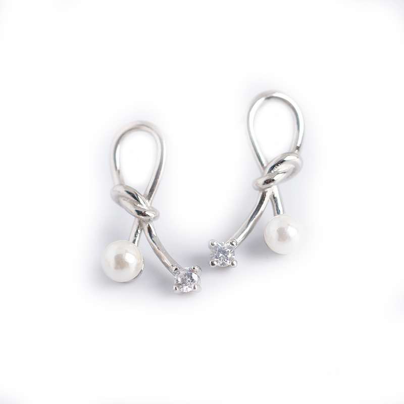 Knot Line Bowknot White Stone S925 Silver Stud Earrings