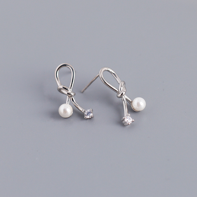 Knot Line Bowknot White Stone S925 Silver Stud Earrings
