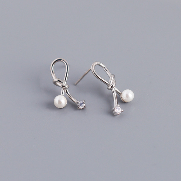 Knot Line Bowknot White Stone S925 Silver Stud Earrings