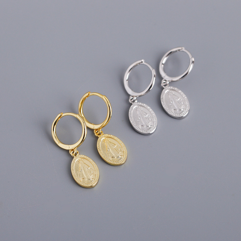 Virgin Mary Coin Ear Clip S925 Silver Earrings