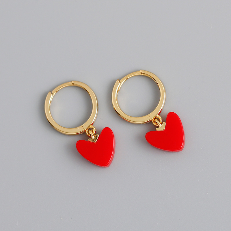 Red Golden Heart Ear Clip S925 Silver Earrings