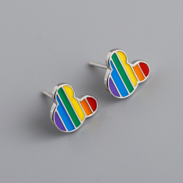 Colored Enamel Mickey Mouse's Head Rainbow Cartoon S925 Silver Stud Earrings