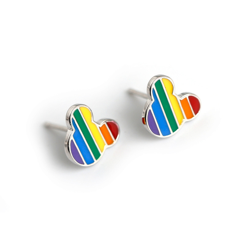Colored Enamel Mickey Mouse's Head Rainbow Cartoon S925 Silver Stud Earrings
