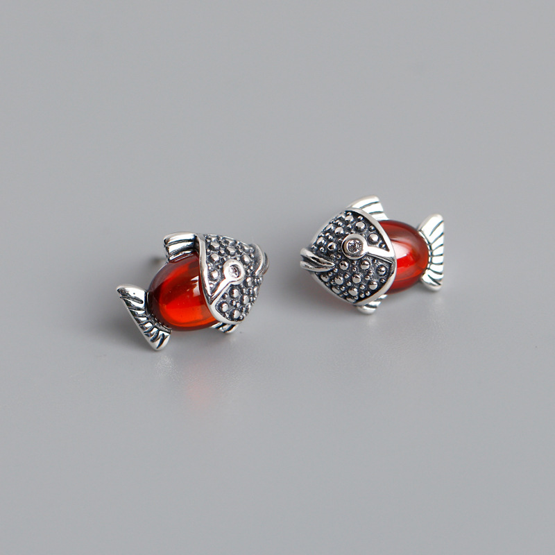 Vintage Fish Pave Red Stone S925 Silver Stud Earrings