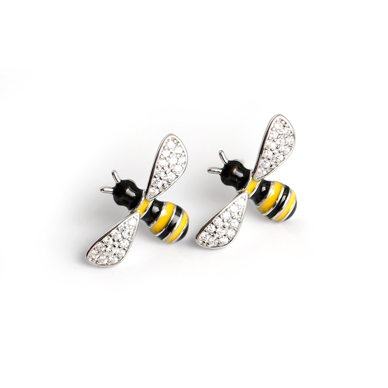 Enamel Adhesive Bee Insect S925 Silver Stud Earrings