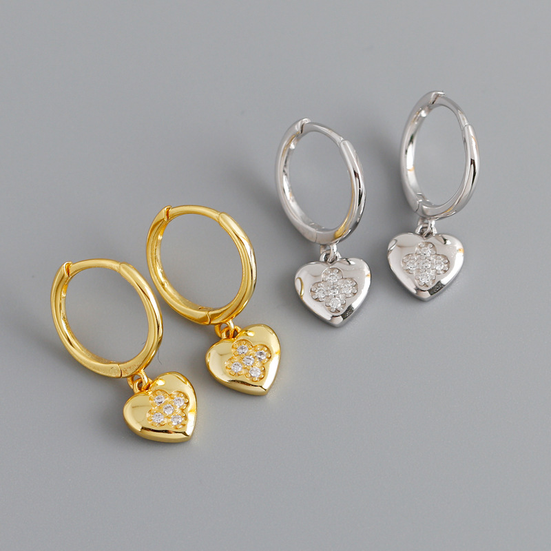 Clover Pave cz Heart Ear Clip S925 Silver Earrings