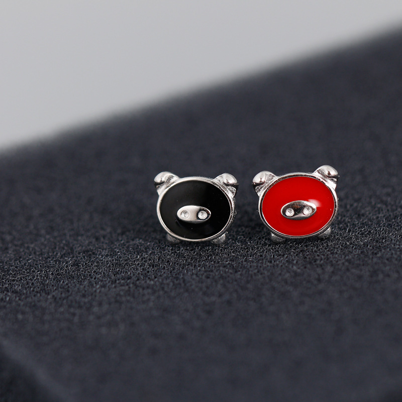 Enamel Adhesive Red Piggy Animal S925 Silver Stud Earrings